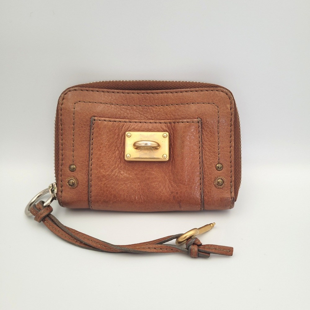 Chloe Paddington Zip Around Wallet Tan Brown Leather Brass Studs Small Compact